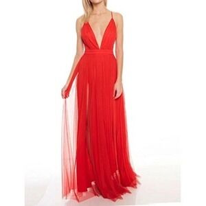 Windsor Red Tulle Plunge Neck Maxi Dress Spaghetti Straps Slit Size Medium